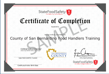 Sample of a County of San Bernardino Food Handlers Training Certificate