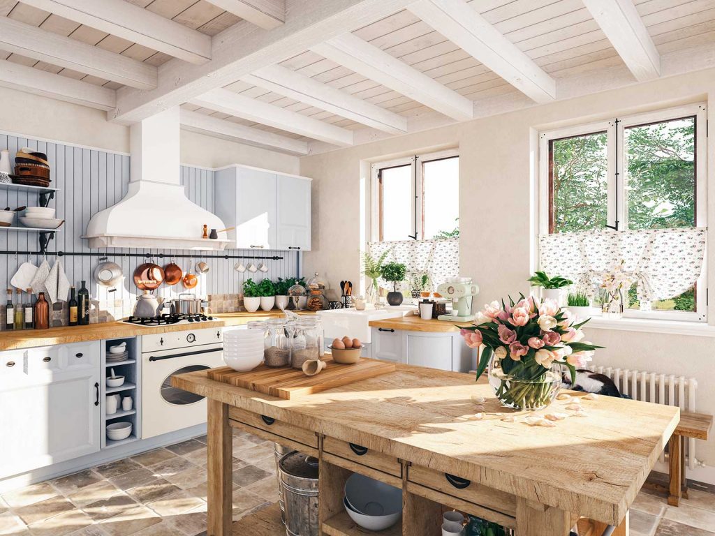 A cottage kitchen with tulips on a center island