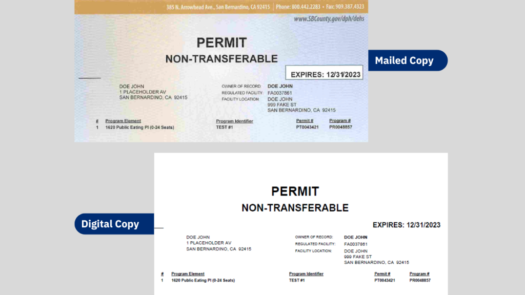 Mailed copy and digital copy of a health permit