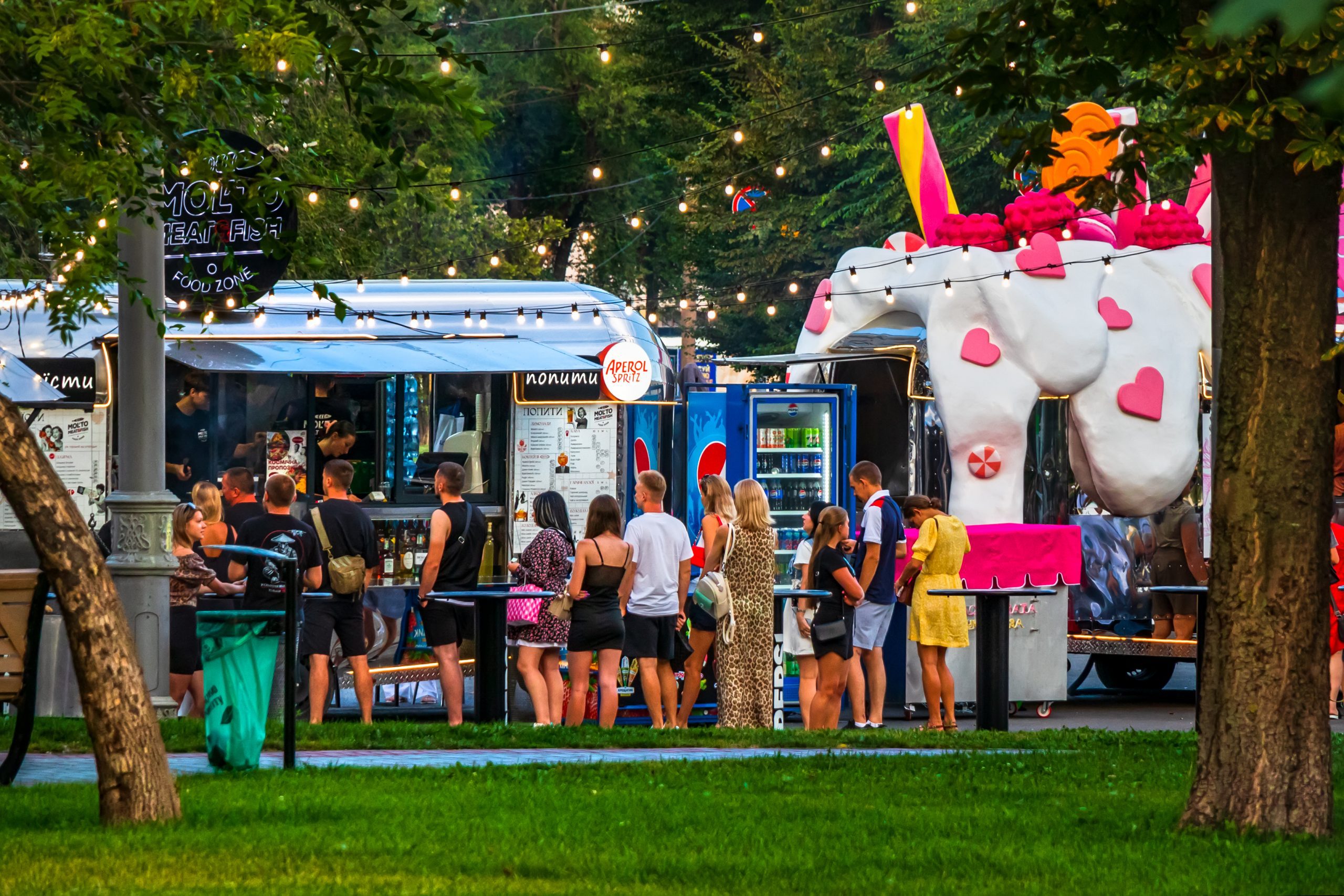 People queue at a street food truck. City park on a summer evening.